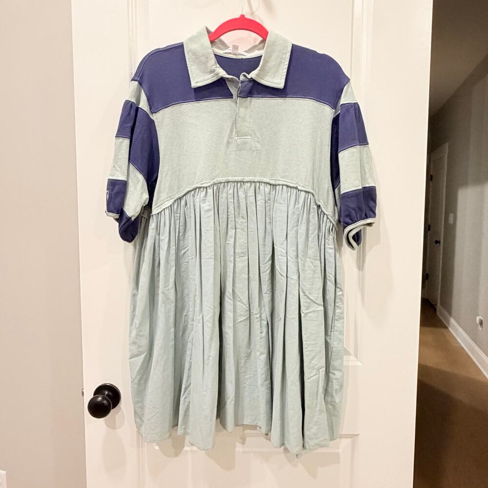 ee:some • Rugby Stripe Babydoll Mini Dress Polo Collar Blue Colorblock Shift
